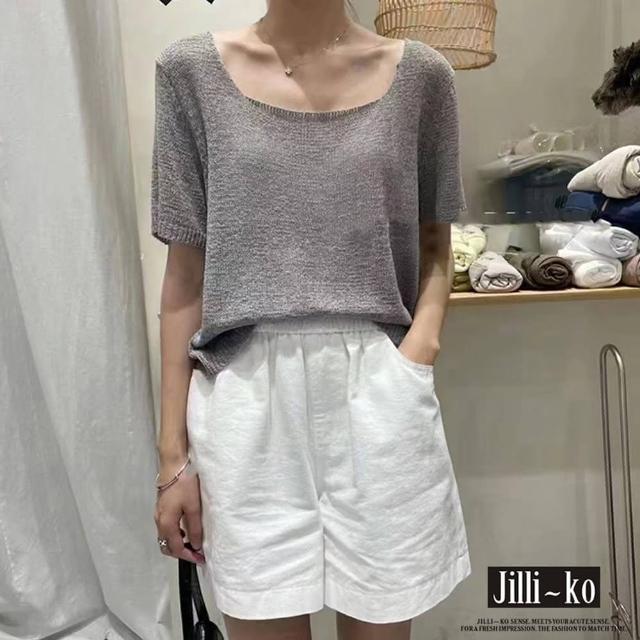 【JILLI-KO】韓國CHIC風方領薄款短版針織衫-F(灰/杏)