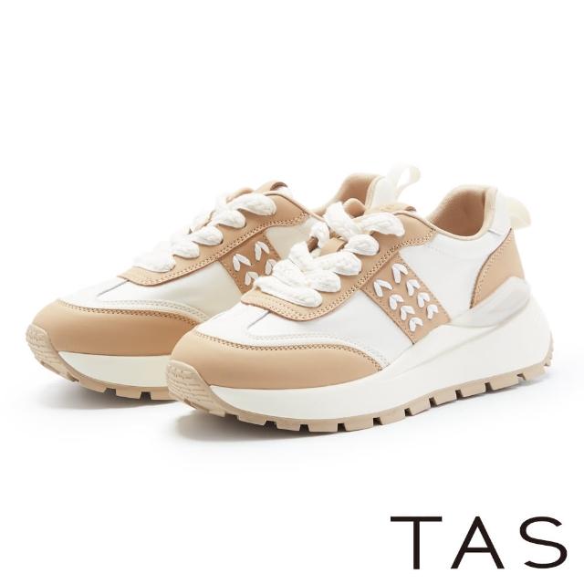 【TAS】真皮造型拼接綁帶休閒鞋(白拚棕色)