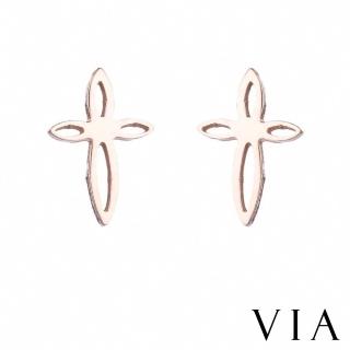 【VIA】白鋼耳釘 白鋼耳環 十字架耳環/符號系列 縷空線條十字架造型白鋼耳釘(玫瑰金色)
