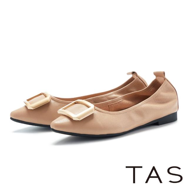 【TAS】羊皮方釦鬆緊帶尖頭平底鞋(粉裸)