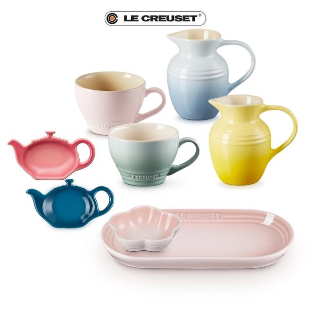 【Le Creuset】瓷器午茶配件7件組(無盒)(橢圓盤+迷你花碗+牛奶壺*1+茶包盤*2+卡布奇諾杯*2)