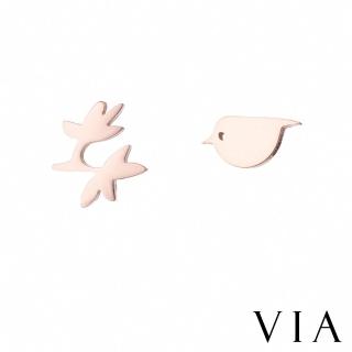 【VIA】白鋼耳釘 白鋼耳環 不對稱耳環/動物系列 鳥與枝頭不對稱造型白鋼耳釘(玫瑰金色)