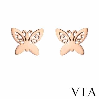 【VIA】白鋼耳釘 白鋼耳環 縷空耳環/昆蟲系列 縷空花紋蝴蝶結造型白鋼耳釘(玫瑰金色)
