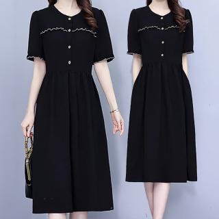 【麗質達人】9512黑色假二件短袖洋裝AA(L-5XL)