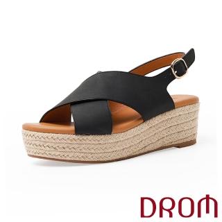 【DROM】厚底涼鞋 坡跟涼鞋 交叉涼鞋/歐美時尚素面交叉草編坡跟厚底涼鞋(黑)