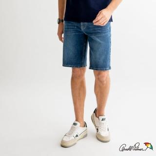 【Arnold Palmer 雨傘】男裝-後貼袋品牌草寫刺繡牛仔短褲(深藍色)