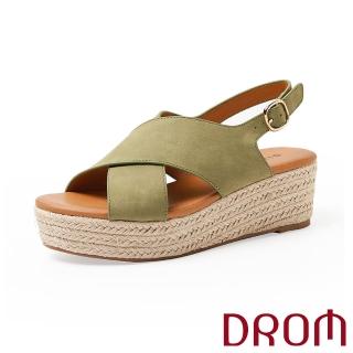 【DROM】厚底涼鞋 坡跟涼鞋 交叉涼鞋/歐美時尚素面交叉草編坡跟厚底涼鞋(綠)