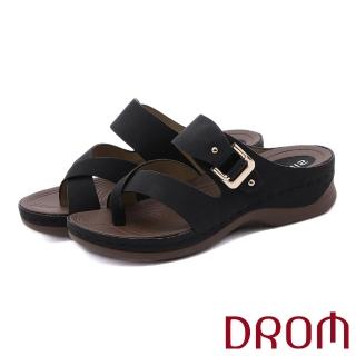 【DROM】厚底拖鞋 坡跟拖鞋 交叉拖鞋/歐美時尚極簡交叉皮帶釦飾造型坡跟厚底拖鞋(黑)