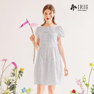 【IRIS 艾莉詩】珍珠蝴蝶結條紋長洋裝-2色(32654)