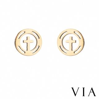 【VIA】白鋼耳釘 白鋼耳環 十字架耳環/符號系列 縷空圈圈十字架造型白鋼耳釘(金色)