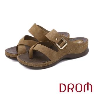 【DROM】厚底拖鞋 坡跟拖鞋 交叉拖鞋/歐美時尚極簡交叉皮帶釦飾造型坡跟厚底拖鞋(卡其)