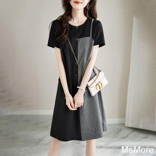 【MsMore】拼接時尚連身裙夏季新款氣質顯瘦圓領OL短袖中長版洋裝#117215(黑灰)