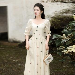 【維拉森林】玩美衣櫃公主袖洋裝法式方領小花刺繡連身裙S-XL