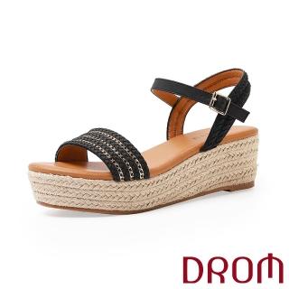 【DROM】厚底涼鞋 坡跟涼鞋 一字涼鞋/歐美時尚金鍊編織一字造型草編坡跟厚底涼鞋(黑)