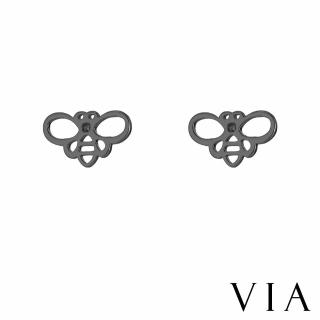 【VIA】白鋼耳釘 白鋼耳環 蜜蜂耳環/昆蟲系列 縷空線條小蜜蜂造型白鋼耳釘(黑色)