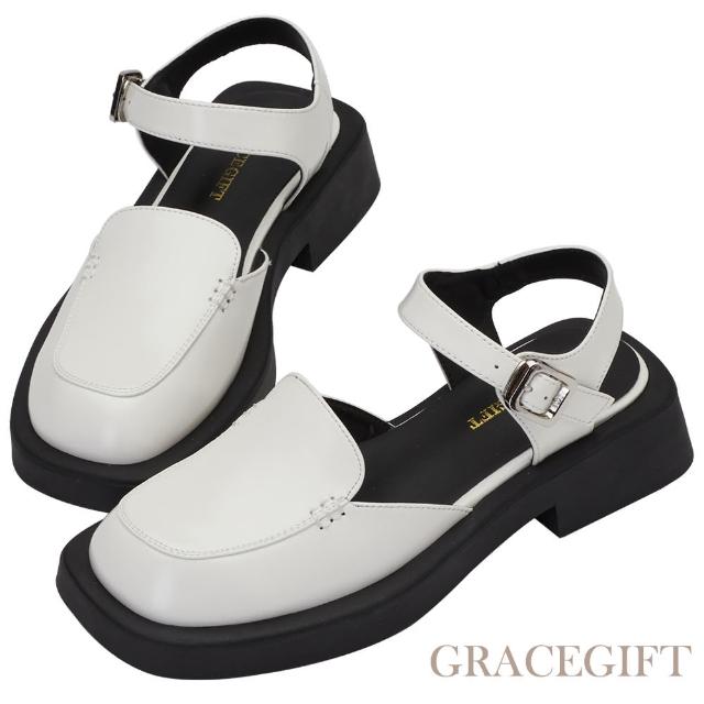 【Grace Gift】大方頭繫踝休閒樂福鞋(米白)