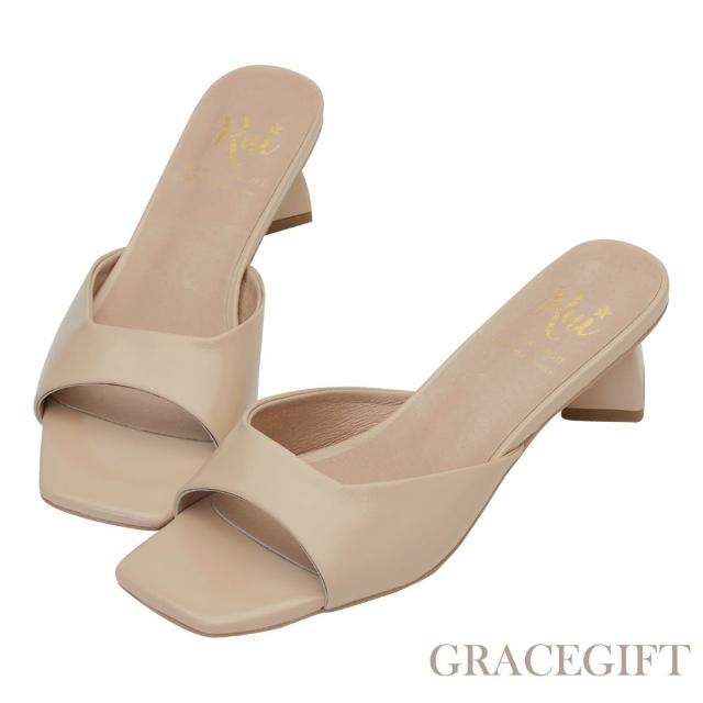 【Grace Gift】小貓聯名-甜甜奶油方塊真皮中跟拖鞋(卡其)