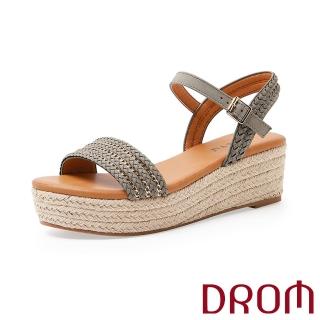 【DROM】厚底涼鞋 坡跟涼鞋 一字涼鞋/歐美時尚金鍊編織一字造型草編坡跟厚底涼鞋(灰)