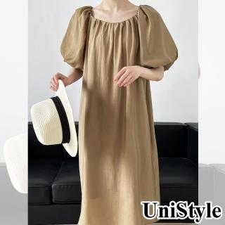 【UniStyle】現貨 兩穿短袖洋裝 天絲泡泡袖薄款系帶收腰 女 UV3228(卡其)