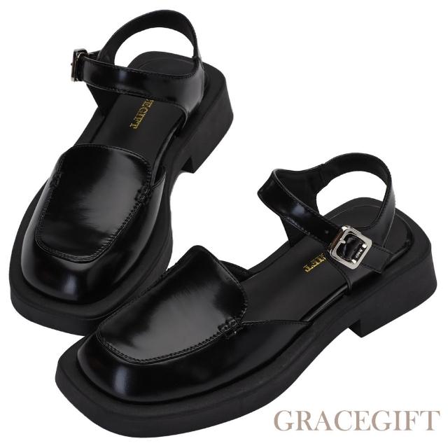 【Grace Gift】大方頭繫踝休閒樂福鞋(黑漆)