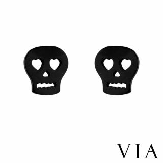 【VIA】白鋼耳釘 白鋼耳環 骷髏頭耳環/個性系列 愛心眼眶骷髏頭造型白鋼耳釘(黑色)