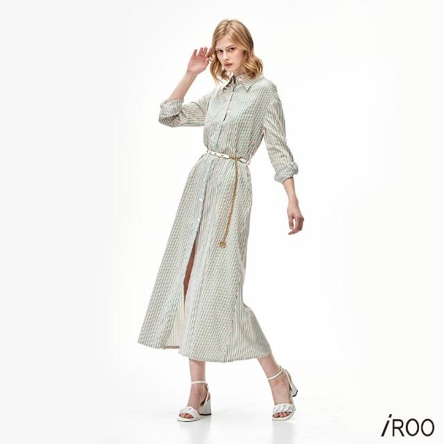 【iROO】彩色條紋襯衫式長洋裝