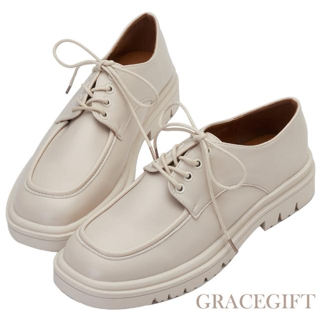 【Grace Gift】簡約方頭鬆糕牛津鞋(米白)