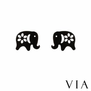 【VIA】白鋼耳釘 白鋼耳環 小象耳環/動物系列 縷空花朵小象造型白鋼耳釘(黑色)