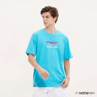【Hang Ten】男裝-RELAXED FIT國家公園夕陽印花短袖T恤(藍綠)