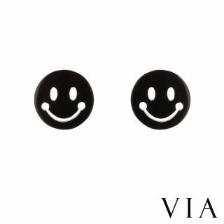 【VIA】白鋼耳釘 白鋼耳環 笑臉耳環/符號系列 可愛圓形笑臉造型白鋼耳釘(黑色)