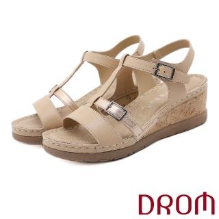 【DROM】厚底涼鞋 坡跟涼鞋/時尚歐美拼接飾帶皮帶釦飾造型復古厚底坡跟涼鞋(杏)