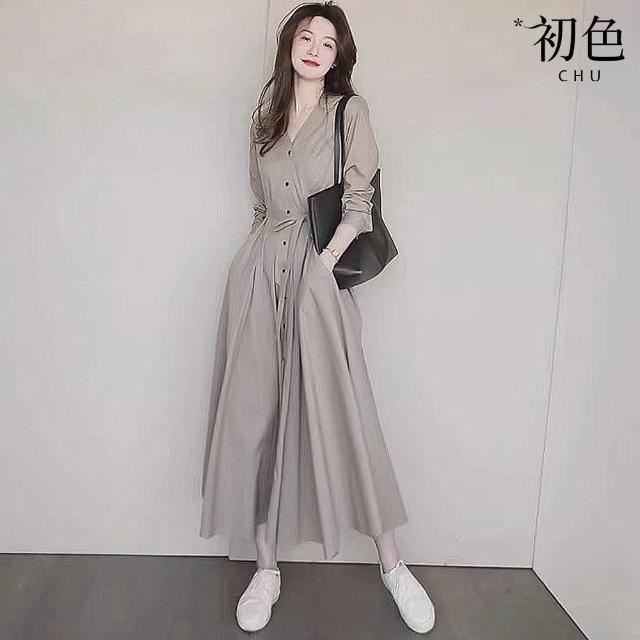 【初色】純色V領收腰襯衫連衣裙洋裝-灰色-60701(M-XL可選)