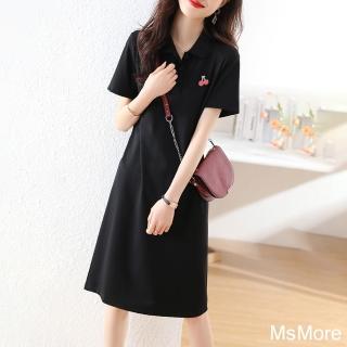 【MsMore】短袖黑色連身裙休閒POLO領櫻條刺繡簡約顯瘦中長版洋裝#117216(黑)
