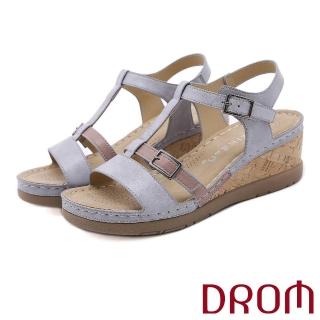 【DROM】厚底涼鞋 坡跟涼鞋/時尚歐美拼接飾帶皮帶釦飾造型復古厚底坡跟涼鞋(灰)