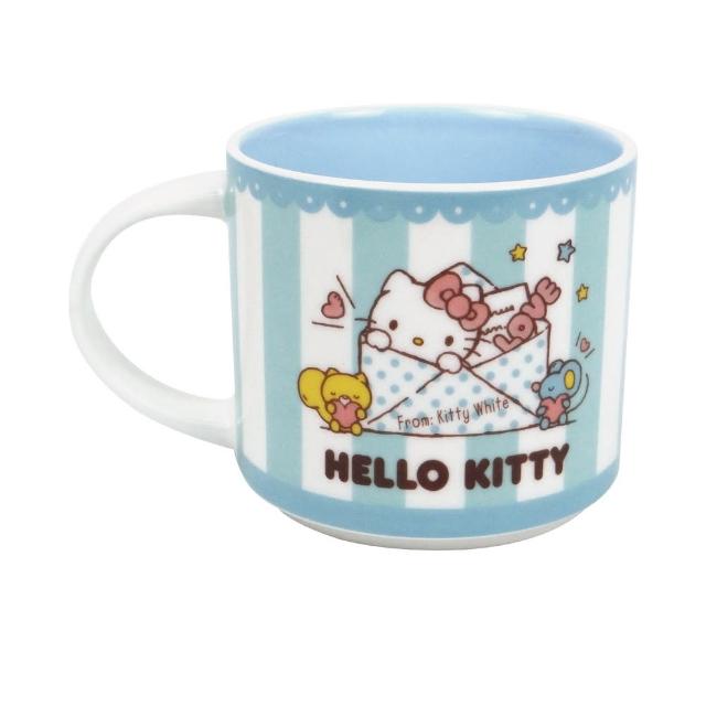 【小禮堂】HELLO KITTY  陶瓷疊疊杯 400ml - 藍情書款(平輸品) 凱蒂貓