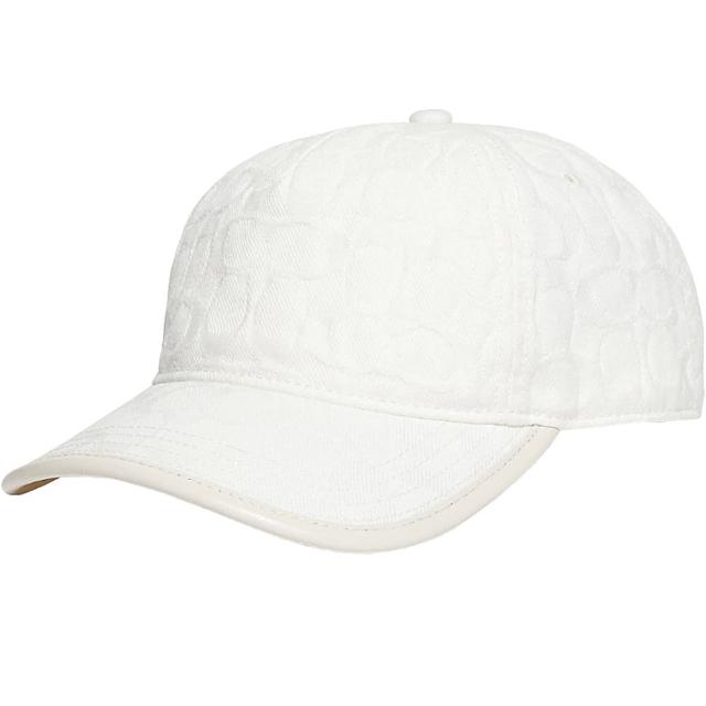 【COACH】專櫃款白色織紋布滿版LOGO皮革滾邊棒球帽