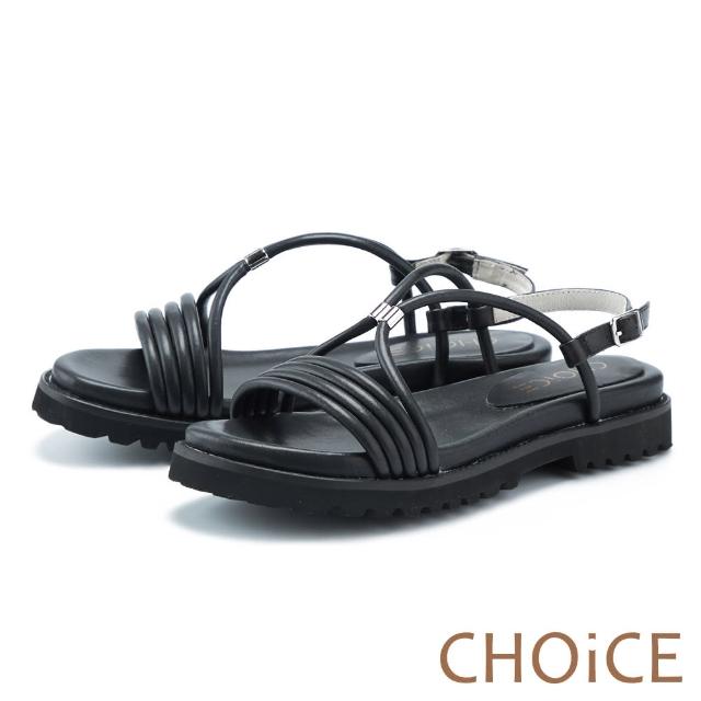 【CHOiCE】簡約質感皮革線條繫帶涼鞋(黑色)
