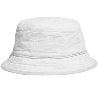 【COACH】專櫃款白色滿版浮雕C LOGO織紋布皮革飾邊漁夫帽