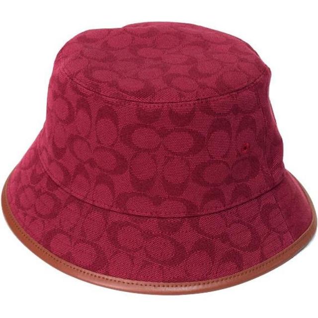 【COACH】酒紅織布滿版LOGO焦糖牛皮革飾邊漁夫帽