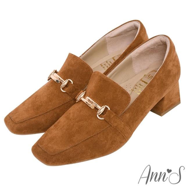【Ann’S】手工MIT氣質T型金釦防水絨布粗跟樂福鞋5cm(棕)