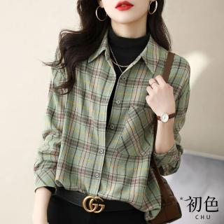 【初色】韓版寬鬆復古格紋襯衫上衣女上衣-綠格-66247(M-2XL可選)