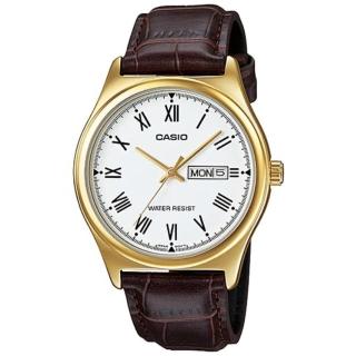 【CASIO 卡西歐】紳士經典皮革腕錶/咖x金框 羅馬數字款(MTP-V006GL-7B)