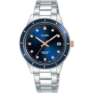 【ALBA】雅柏 簡約晶鑽女錶-銀x藍/34mm(AG8M87X1/VJ32-X333B)