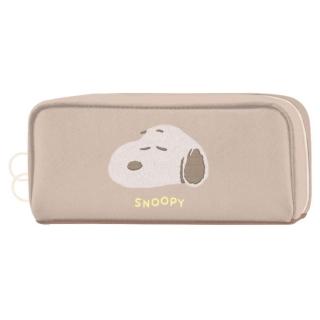【小禮堂】Snoopy 皮質刺繡方形筆袋 - 米大頭款(平輸品)