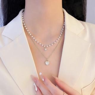 【SUMMER一夏】韓國設計新款愛心微鑲鋯石珍珠雙層疊戴輕奢優雅項鍊(法式巴洛克風)