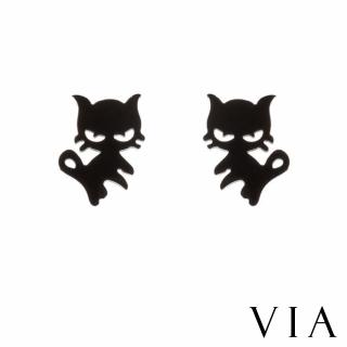 【VIA】白鋼耳釘 白鋼耳環 貓咪耳環/動物系列 調皮小野貓造型白鋼耳釘(黑色)