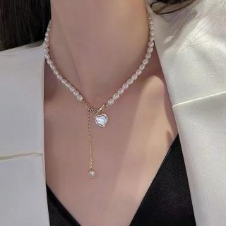 【SUMMER一夏】韓國設計新款輕奢白貝愛心珍珠時尚優雅鎖骨鍊OT鍊(法式巴洛克風)