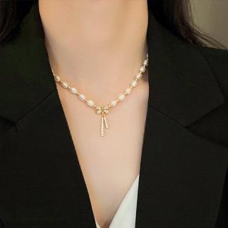 【SUMMER一夏】韓國設計新款輕奢蝴蝶結珍珠時尚優雅鎖骨鍊項鍊(法式巴洛克風)