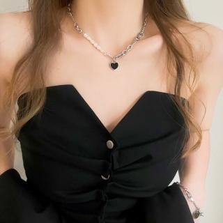 【SUMMER一夏】韓國設計新款黑色愛心拼接珍珠鈦鋼項鍊ins冷淡風輕奢簡約小眾設計潮流(法式巴洛克風)