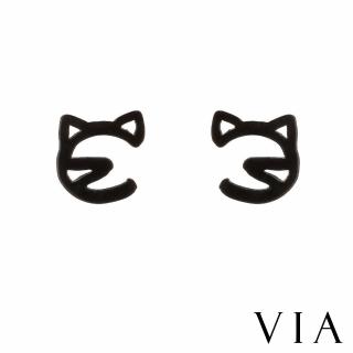 【VIA】白鋼耳釘 白鋼耳環 線條耳環/動物系列 貓咪線條造型白鋼耳釘(黑色)